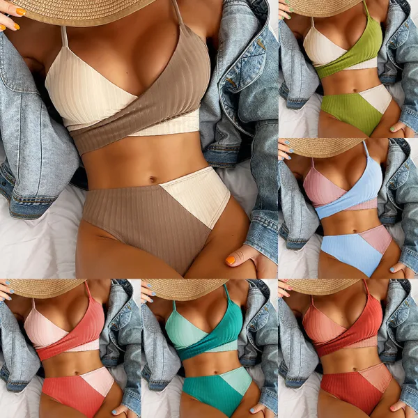 Color-Block Ribbed Cross-Tie One-Piece Swimsuit