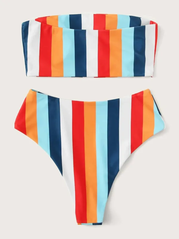 Rainbow Striped High-Waist Bikini Set
