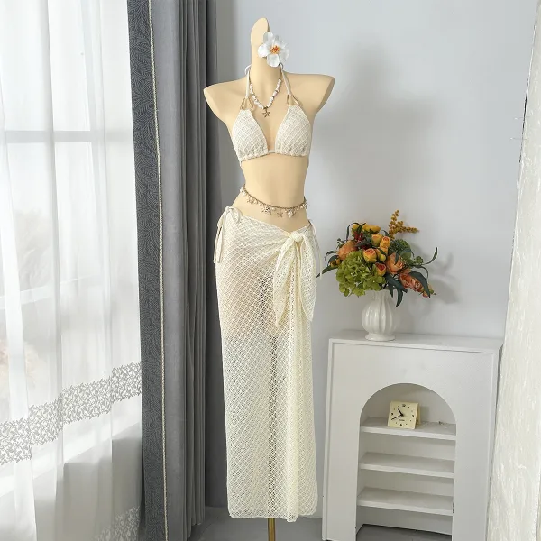 Three-Piece Bikini Set with Coordinating Mesh Skirt