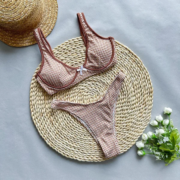 High-Waist Plaid Bikini Set in Brown