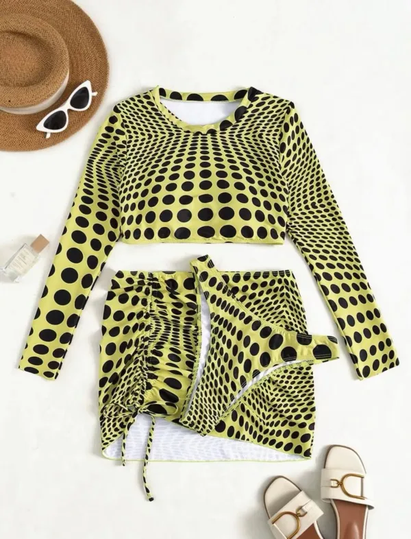 Polka Dot Three-Piece Bikini and Skirt Set