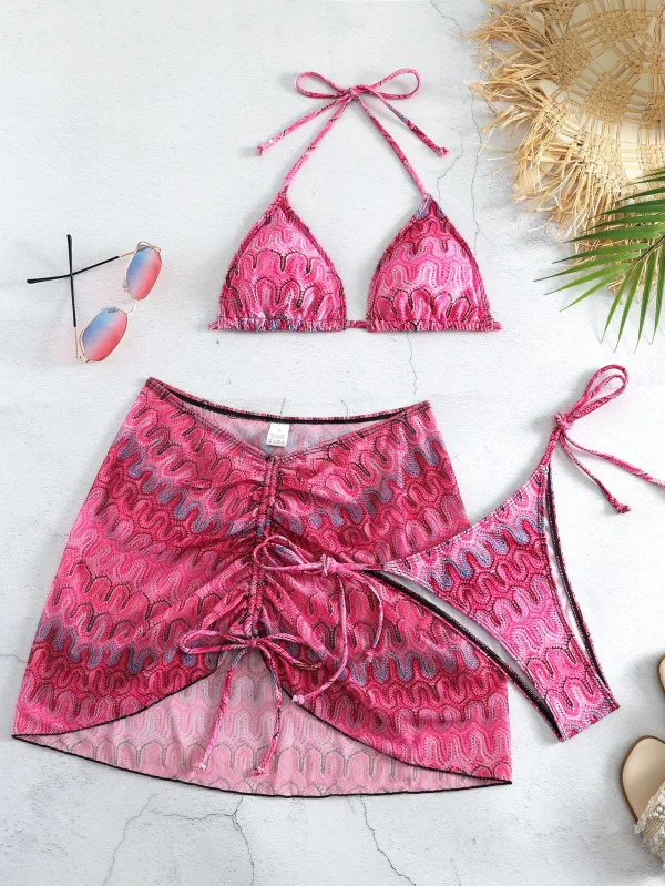 Striped Three-Piece Bikini and Wrap Skirt Set