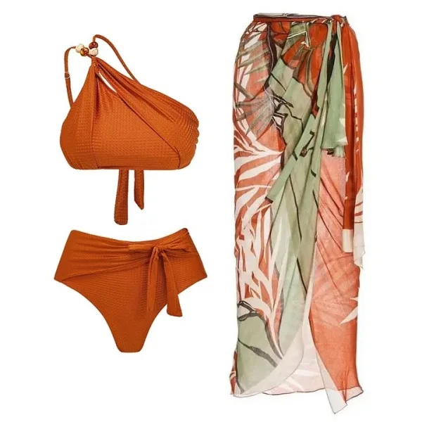 High-Waist Bikini Set with Matching Chiffon Cover-Up
