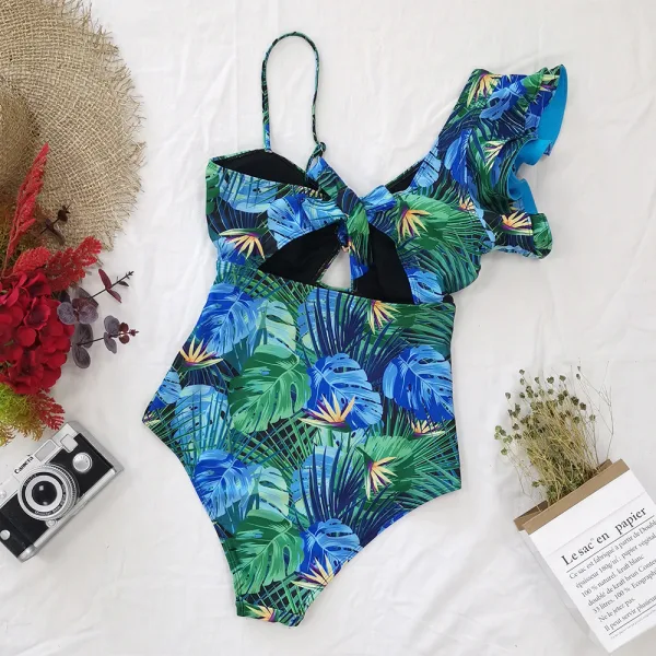 Verdant Leaf One-Shoulder Ruffled One-Piece