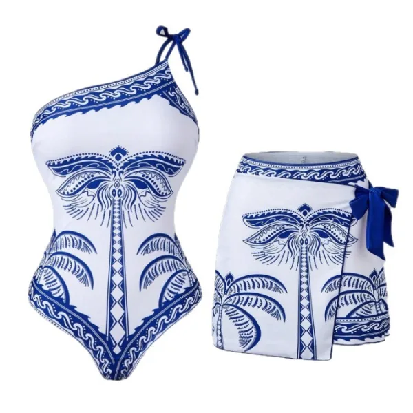 Floral One-Shoulder Swimsuit and Skirt Set