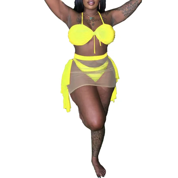 Halter-Neck Lace Trim Three-Piece Bikini and Mini Skirt Set