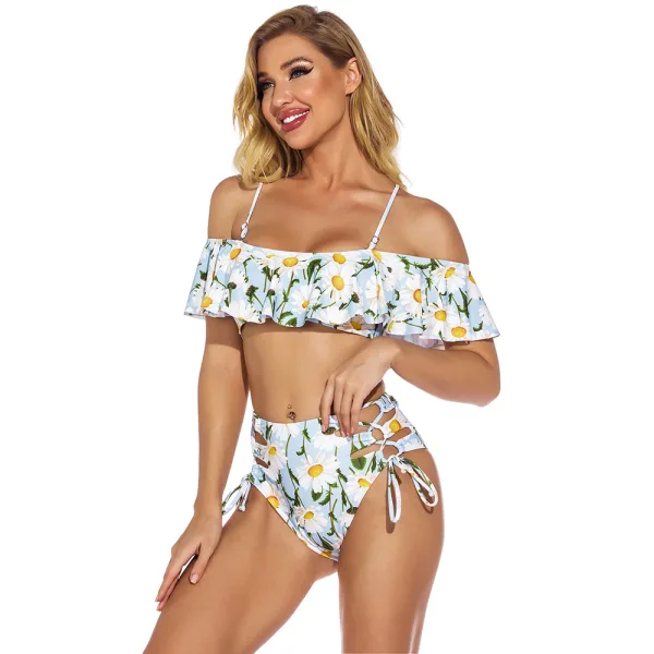 One-Shoulder Ruffled Bikini Set with Printed Detail