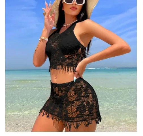 Tassel Detail Lace Bikini and Sarong Set
