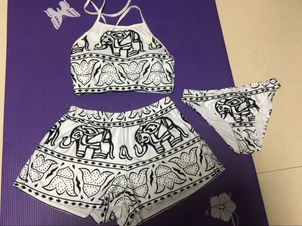 Elephant Print Three-Piece Bikini Set