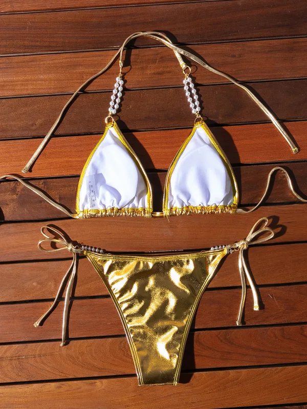 Bronzing Halter Bikini with Pearl Chain Detailing