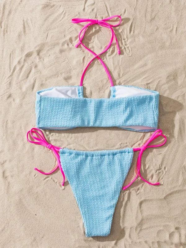 Solid Halter Lace-Up Two-Piece Bikini