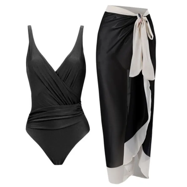 Pleated V-Neck One-Piece Swimsuit