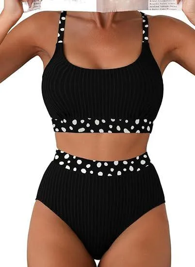 Polka Dot Halter Bikini Set with High-Waisted Bottoms