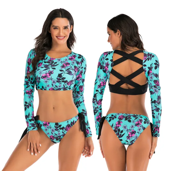 Floral Long-Sleeve Rash Guard Swim Set