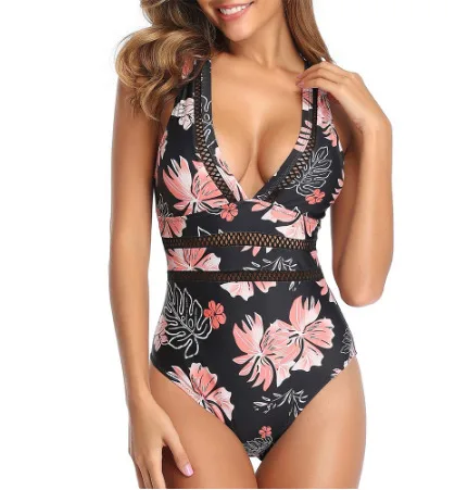 Floral Print Deep V One-Piece Swimsuit