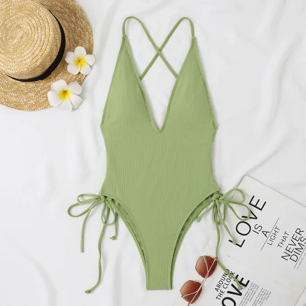 Lace-Up Deep Plunge One-Piece Swimsuit