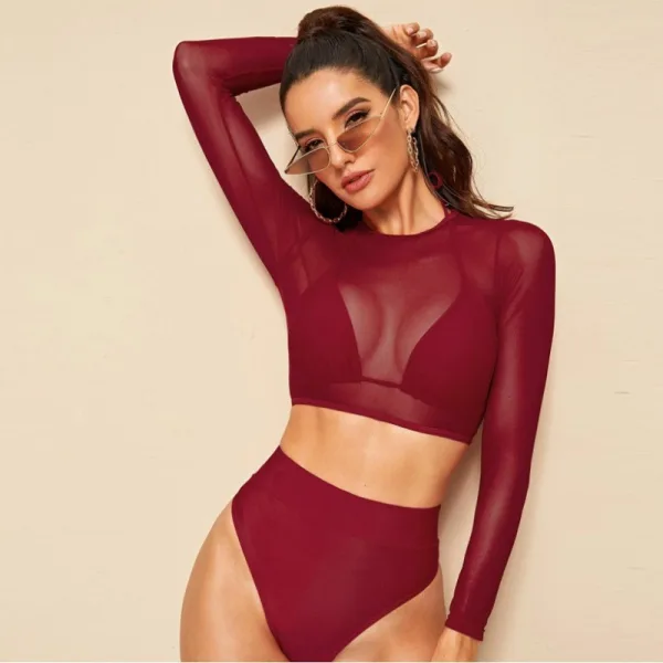 Mesh Detail Long Sleeve Bikini Set