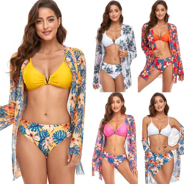 Three-Piece V-Buckle Bikini Set with Coordinating Cover-Up