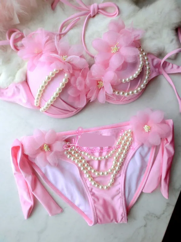 Floral Embellished Halter Triangle Bikini Set