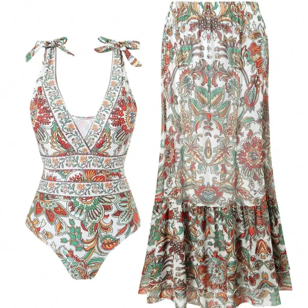 Ethnic Print One-Piece Swimsuit and Sarong Set