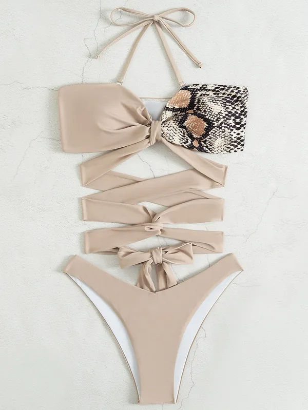 Panelled Lace-Up Bikini Set