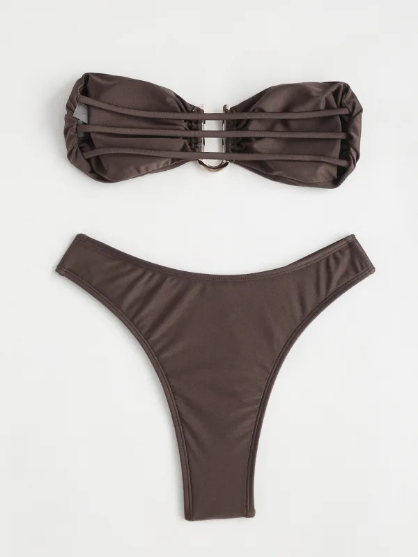 U-Neck Iron-Accent Bikini Set in Brown