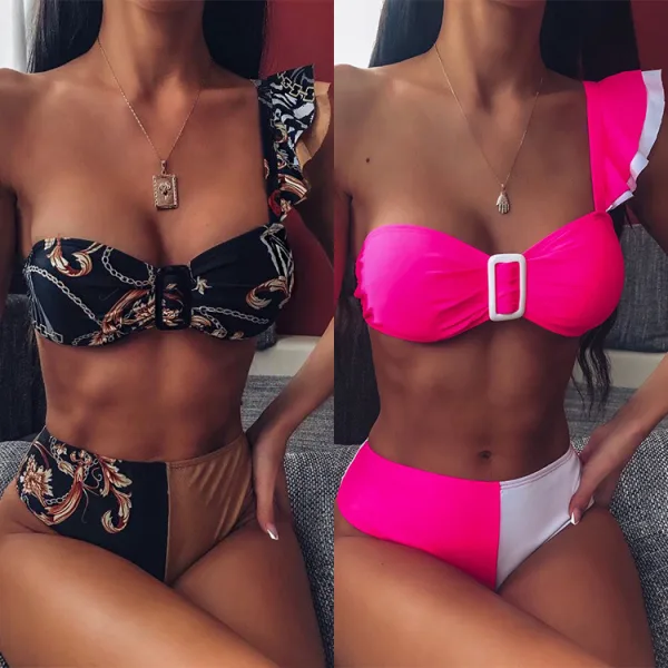 Ruffled One-Shoulder Printed Bikini Set