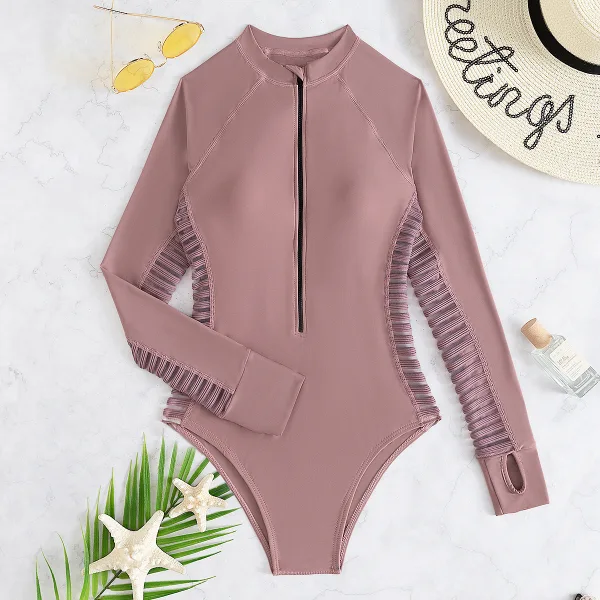 Long Sleeve Zip-Front One-Piece Swimsuit