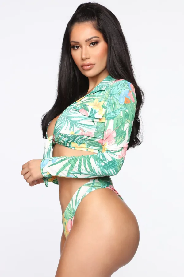 Botanical Print Long-Sleeve High-Waist Bikini Set