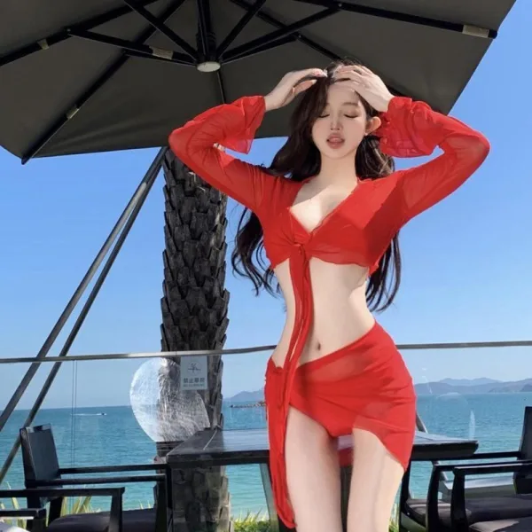 Pure Red Four-Piece Bikini Set