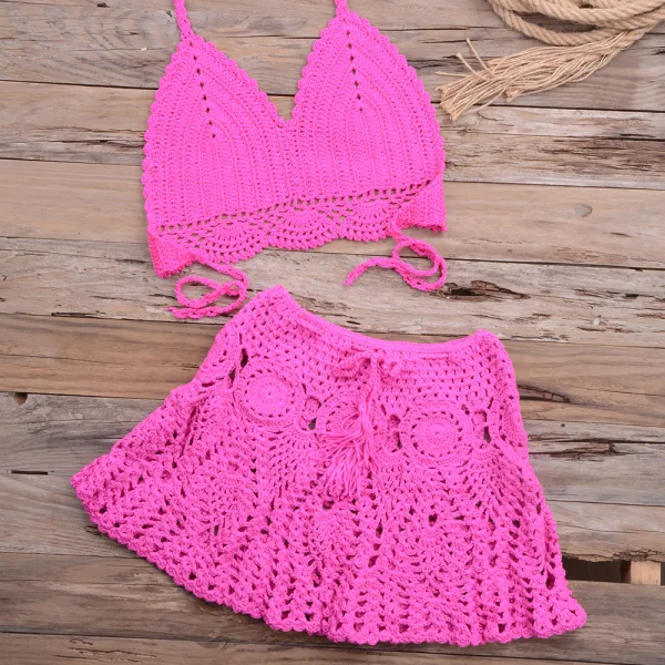 Hollow-Knit Strappy Bikini Set