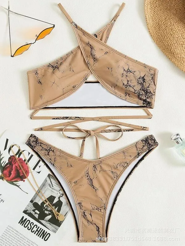 Marble Print Backless Bikini Set