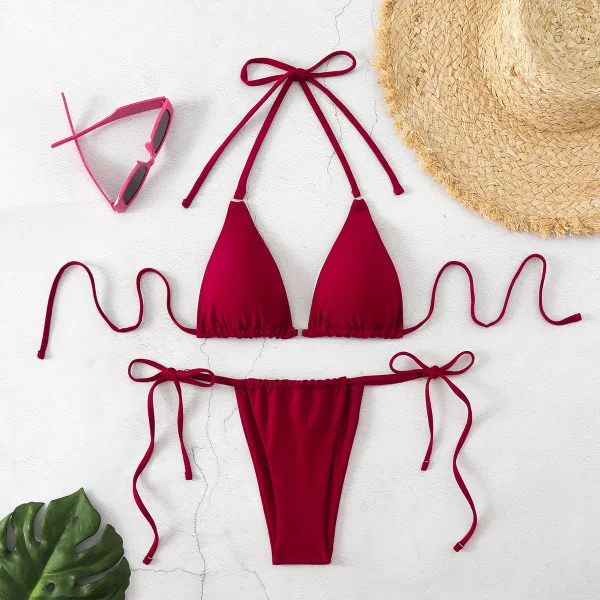 Classic Solid Bikini Set with Open-Back Detail