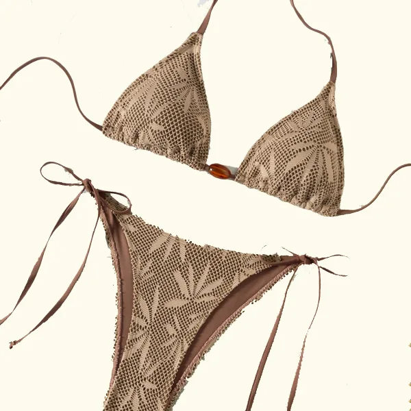 Strappy Beaded Bikini Set in Earthy Brown