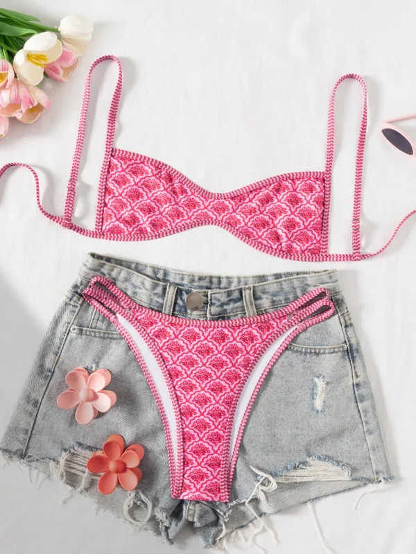 Printed Lace-Up Low-Rise Bikini Set