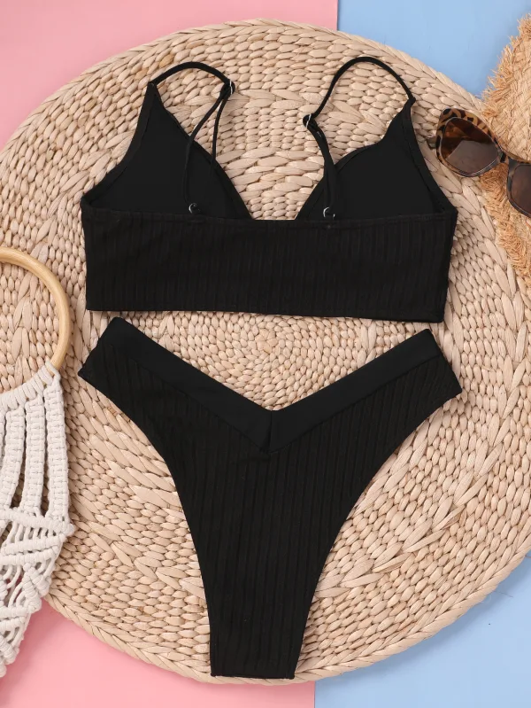 V-Neck Ribbed Bikini Set with Contrast Stitching