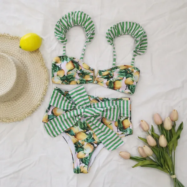 Ruffle Tie Bikini Set with Tropical Prints