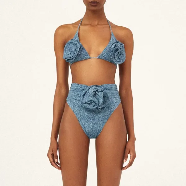 Floral Halter Bikini Set with Lace-Up Detail