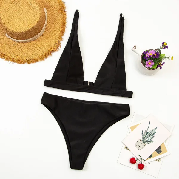 Deep V-Neck High-Waist Bikini Set