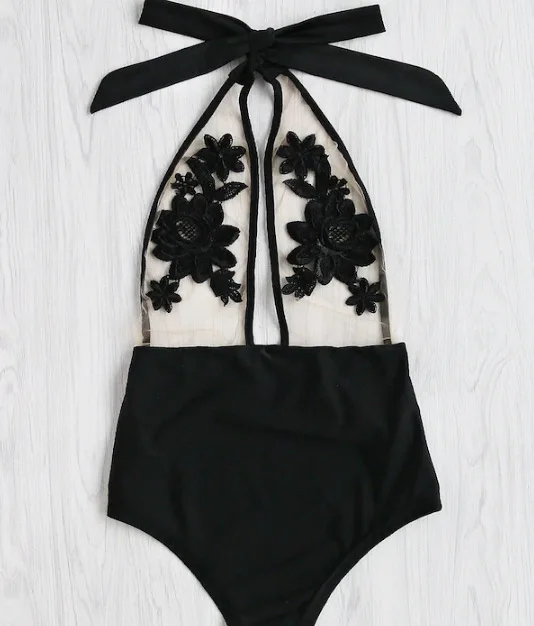 Black Applique One-Piece Swimsuit