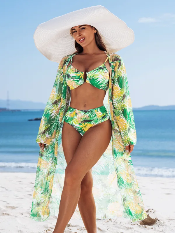 Cala Three-Piece Printed Bikini Set with Long Sleeve Cover-Up