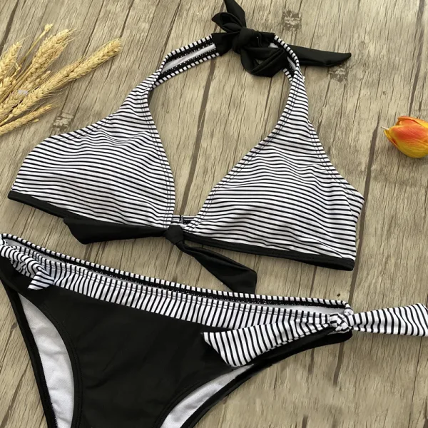 Stripe and Polka Dot Print Bikini Set