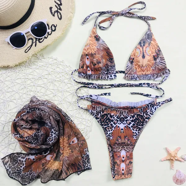 Leopard Print Three-Piece Bikini Set