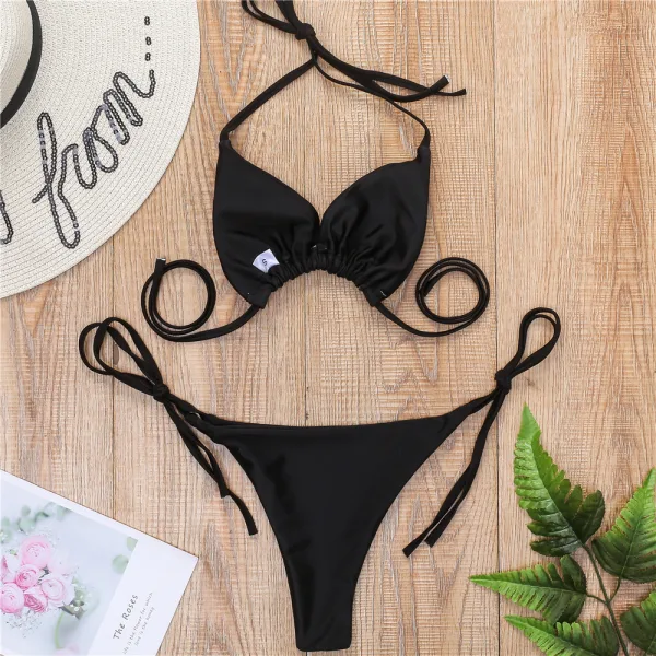 Lace-Trimmed Solid Bikini Set