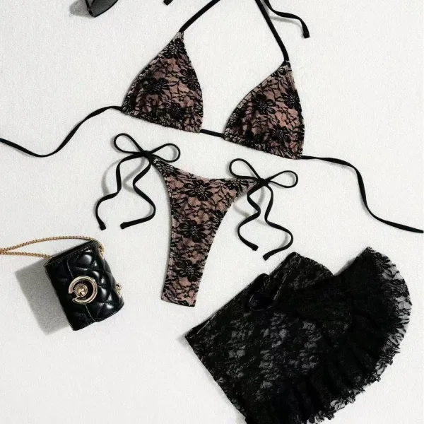 Lace Three-Piece Bikini Set with Coordinating Skirt