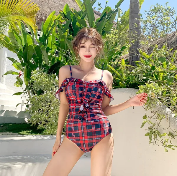Aria Plaid One-Shoulder One-Piece Swimsuit