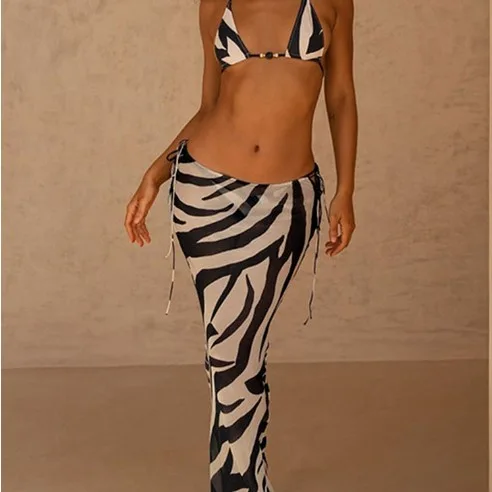 Zebra Print Bikini and Sarong Skirt Set