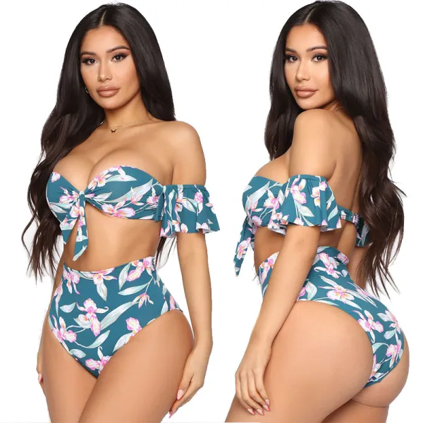Lotus One-Shoulder Leaf Print High-Waist Bikini