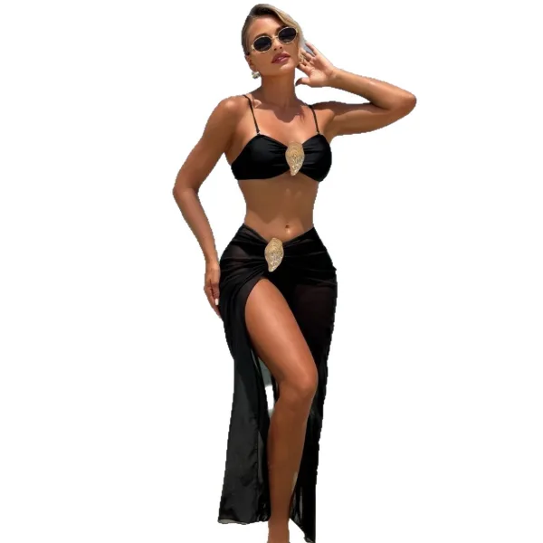 Metallic Bandeau Three-Piece Bikini Set