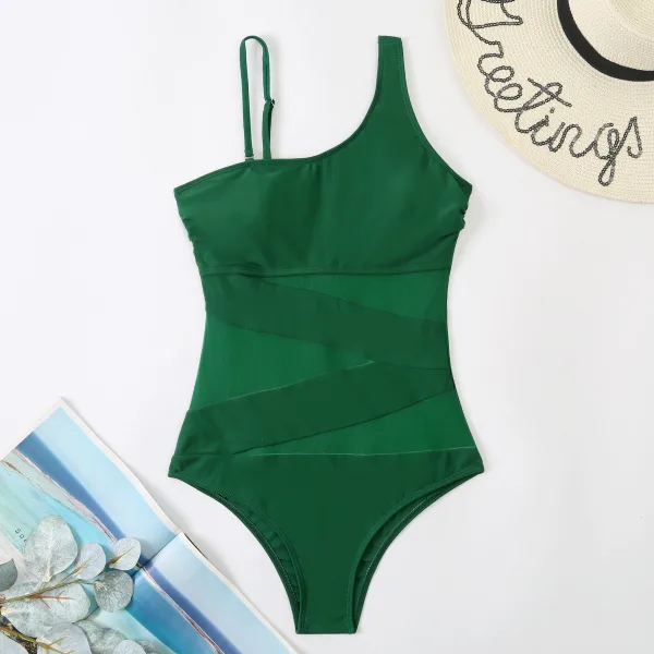 Asymmetric One-Shoulder Mesh Detail Swimsuit